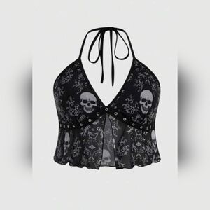 ROMWE Black Skull Print Halter Top
